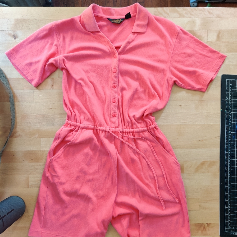 Vintage 90s Eddie Bauer Short Sleeved Romper Salmon Pink Utility Suit Pockets